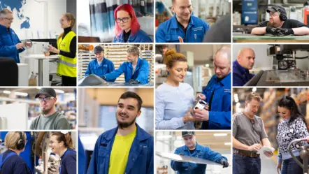 Collage of Meconet employees manufacturing and inspecting metal components and talking at the factory.