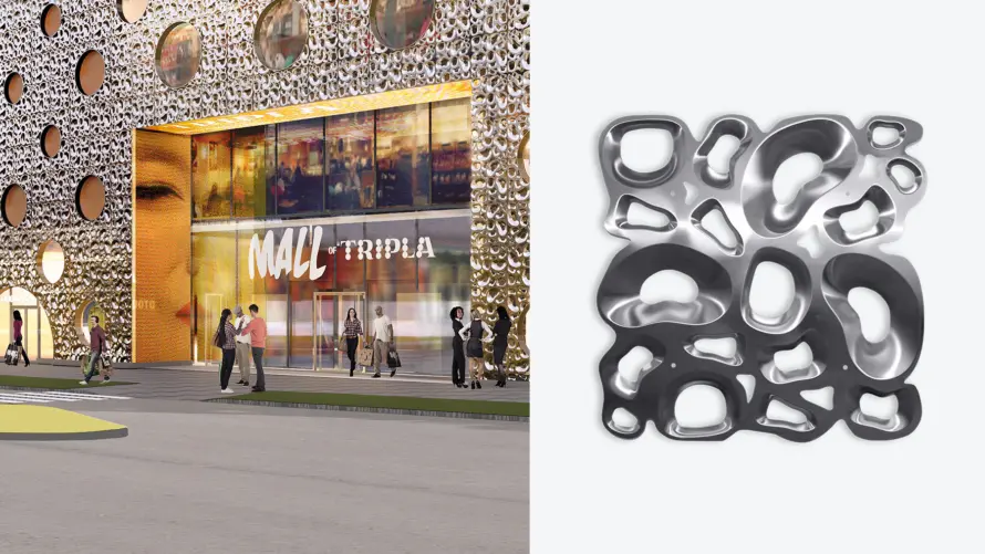 Deep-drawn metal wall element and an example of its use in a wall.
