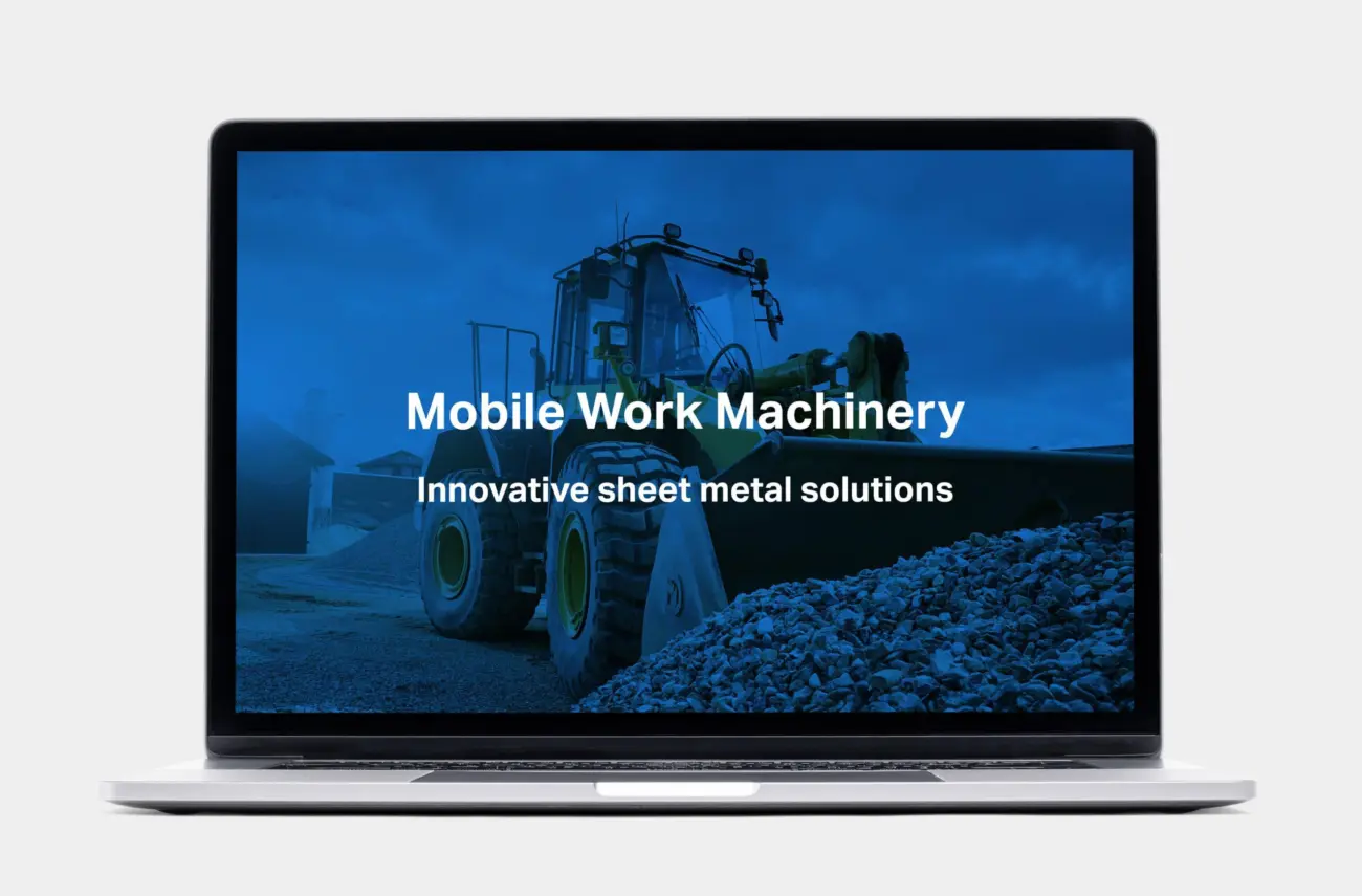 Mobile Work Machinery sheet metal solutions presented on a laptop screen.