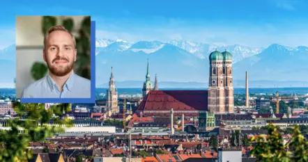 Portrait of Niklas Mäkinen combined with a cityscape and mountains in the background.