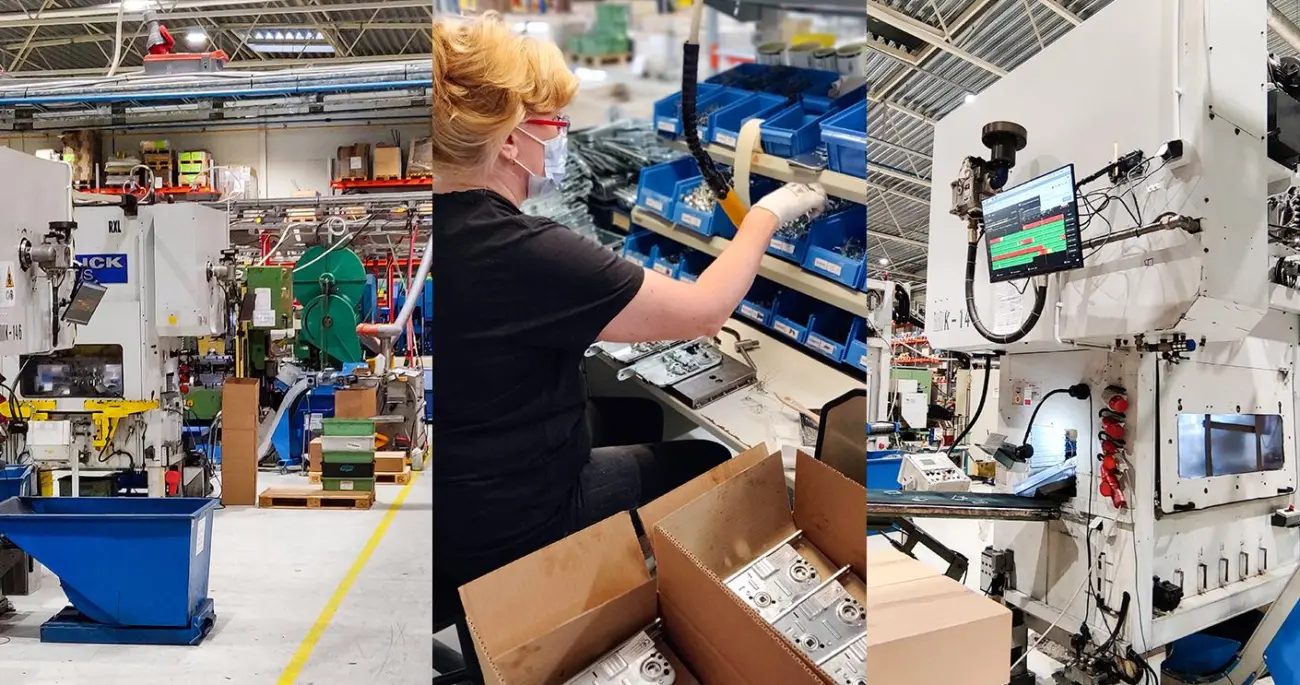 Collage of the production facilities, manual assembly and manufacturing equipment at Meconet’s Tallinn plant.