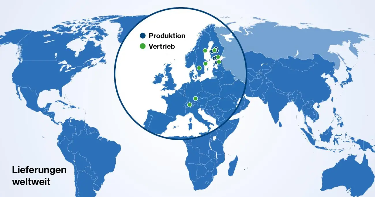 Karte der Produktions- und Vertriebsstandorte von Meconet in Europa sowie der weltweiten Lieferungen.