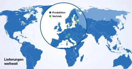 Karte der Produktions- und Vertriebsstandorte von Meconet in Europa sowie der weltweiten Lieferungen.