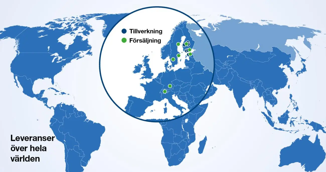 Karta över Meconets produktions- och försäljningsställen i Europa samt leveranser över hela världen.