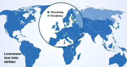 Karta över Meconets produktions- och försäljningsställen i Europa samt leveranser över hela världen.