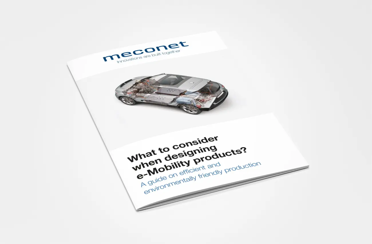 Cover of Meconet’s e-Mobility design guide, showing a car’s internal components.