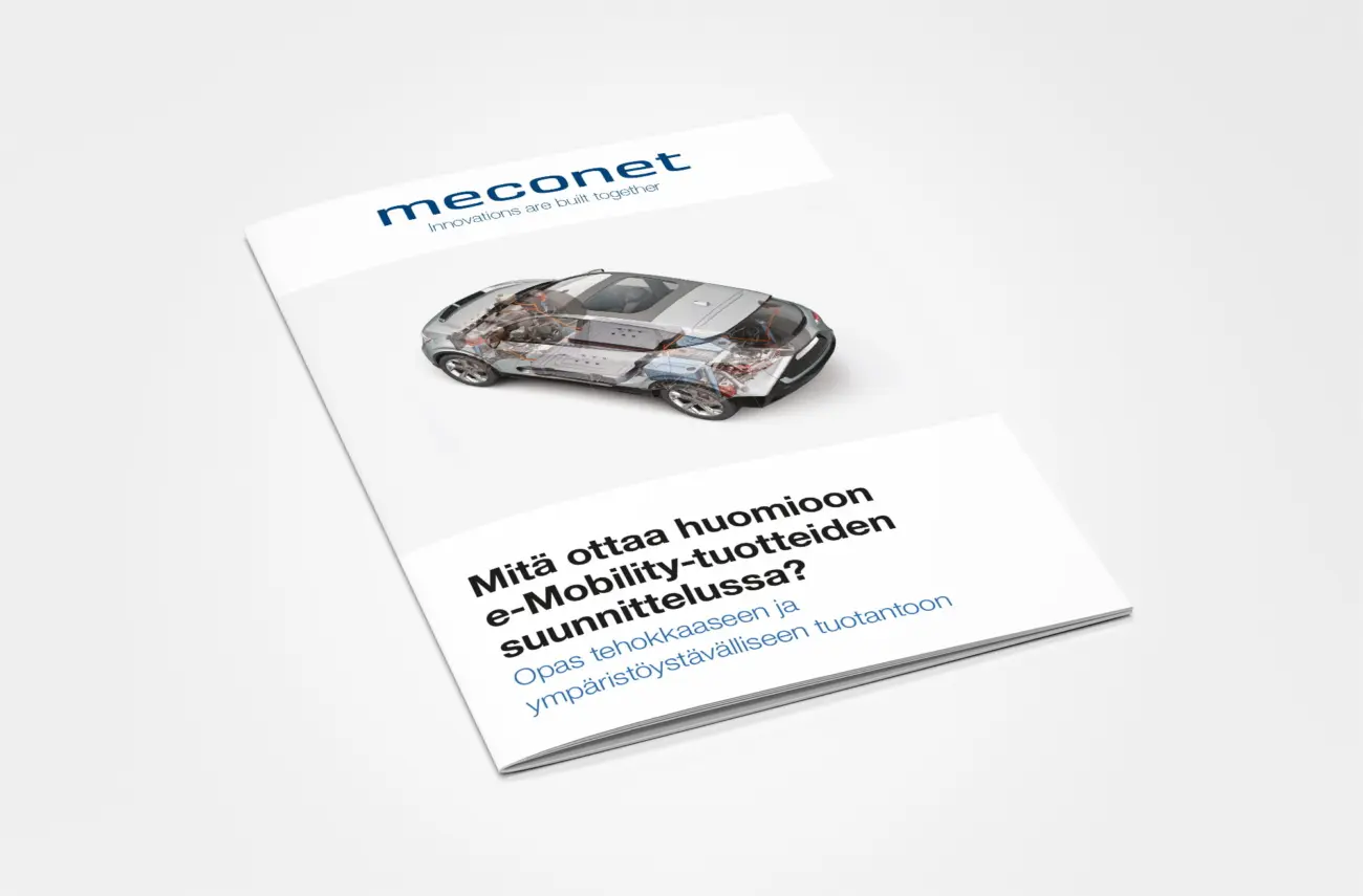 Meconetin e-Mobility-suunnitteluoppaan kansi, jossa näkyy auton sisäisiä rakenteita.