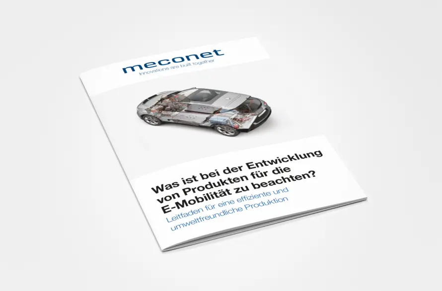 Titelbild von Meconets Konstruktionsleitfaden zur E-Mobilität mit einer Darstellung der inneren Fahrzeugkomponenten.