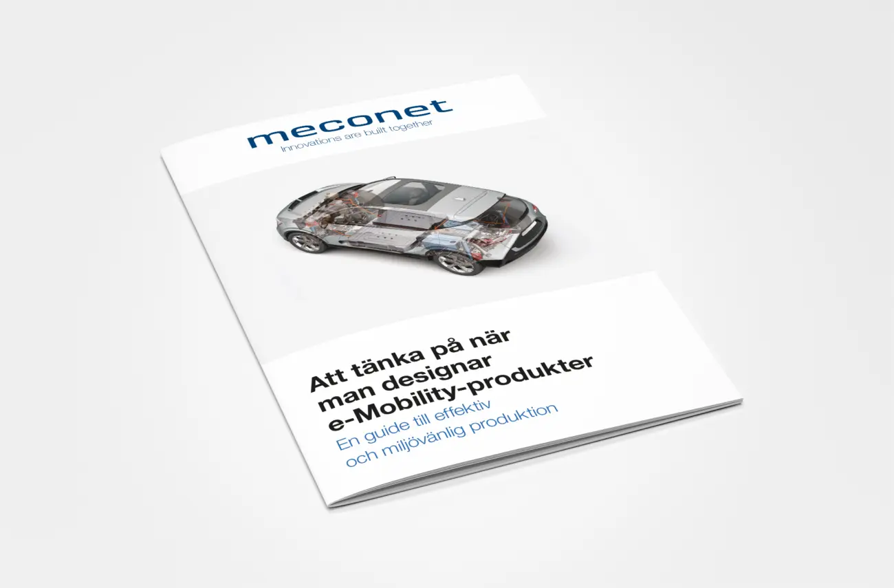 Omslag till Meconets designguide för e-Mobility, med en bild av bilens inre komponenter.