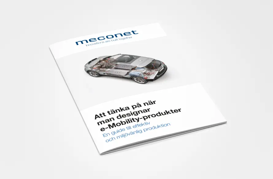 Omslag till Meconets designguide för e-Mobility, med en bild av bilens inre komponenter.