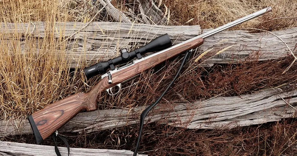 A wooden-stock rifle with a telescopic sight resting on fallen logs.