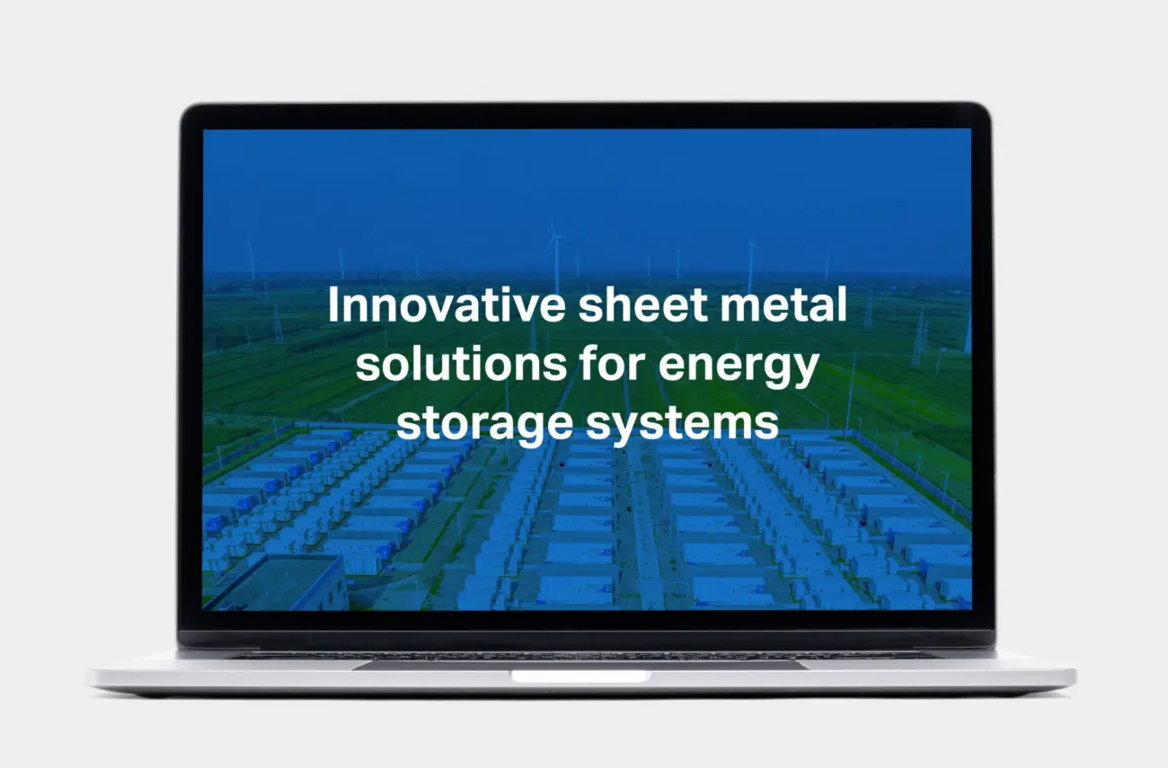 Guide to sheet metal solutions for energy storage systems on a laptop screen.