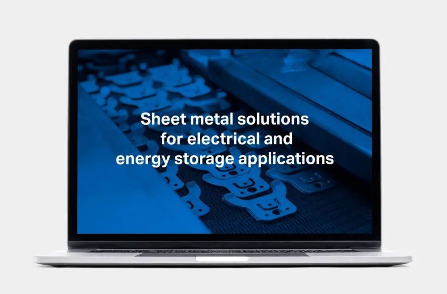 Leitfaden zu Blechlösungen für Elektro- und Energiespeicheranwendungen auf einem Laptopbildschirm.