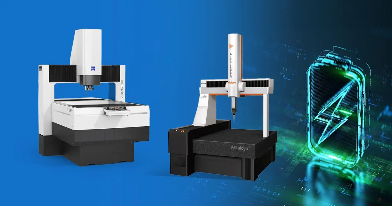 Collage of ZEISS and Mitutoyo measuring equipment and a battery symbol.
