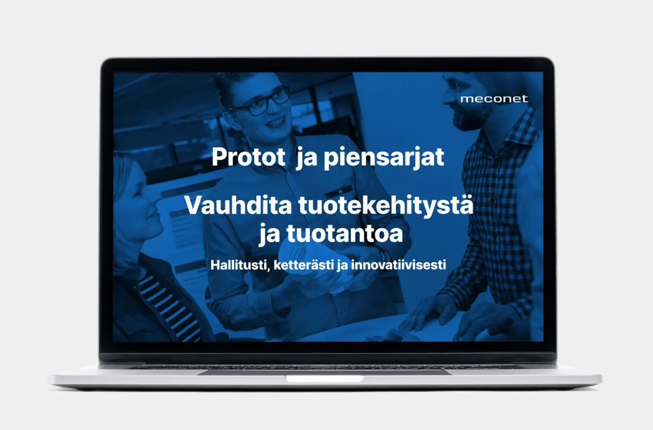 Meconetin prototyyppien ja piensarjatuotannon esittely kannettavan tietokoneen näytöllä.