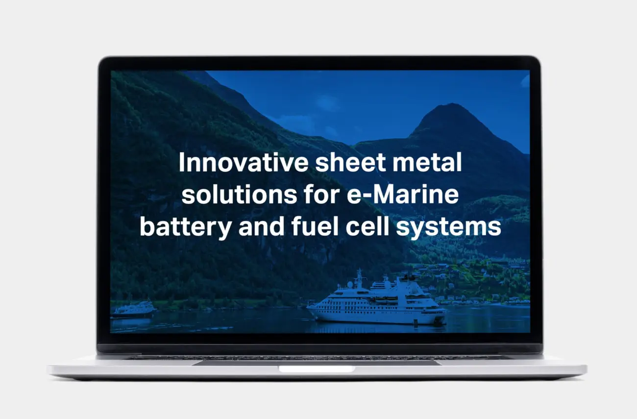 Guide to sheet metal solutions for marine battery and fuel cell systems on a laptop screen.