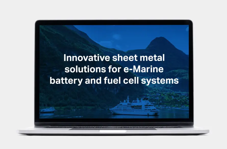 Guide to sheet metal solutions for marine battery and fuel cell systems on a laptop screen.