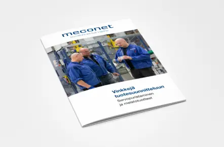 Servopuristamisen ja meistotuotteiden oppaan kansi: kolme henkilöä tarkastelee metalliosaa tuotantotilassa.