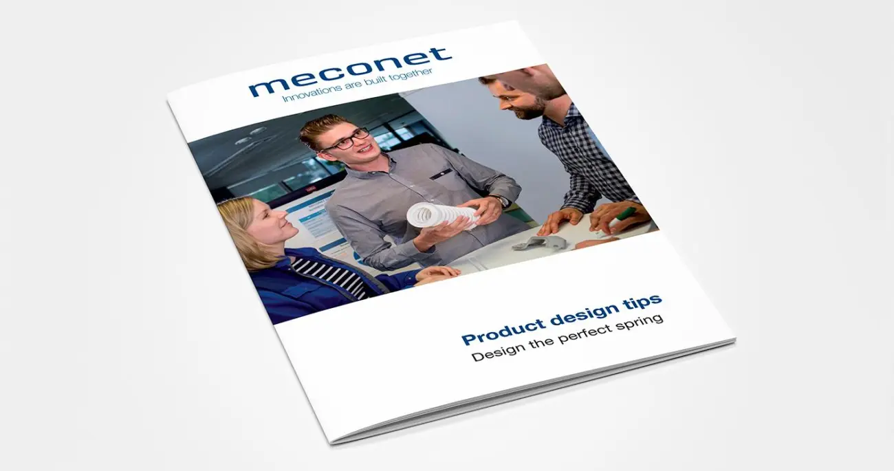 Cover of Meconet’s spring design guide: three people examining a spring model.