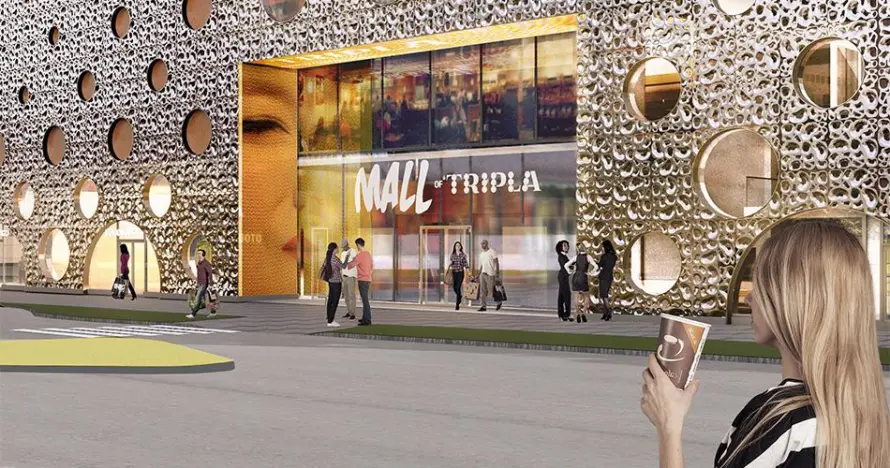 An architectural rendering of the Mall of Tripla entrance and metal façade with circular openings.