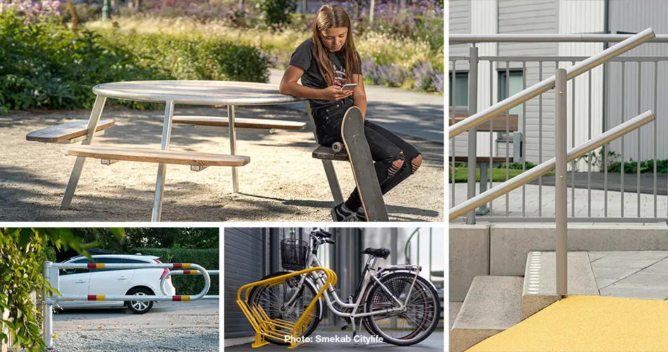 Außenmöbel und Ausstattung von Smekab Citylife: Tisch und Bänke, Geländer, eine Wegesperre und ein Fahrradständer.